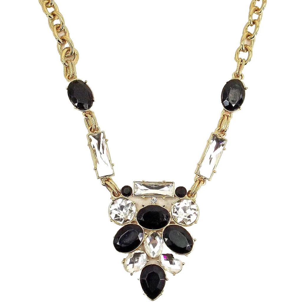 Long Black And Clear Crystal Statement Necklace In V Shape Design Link Chain 25$